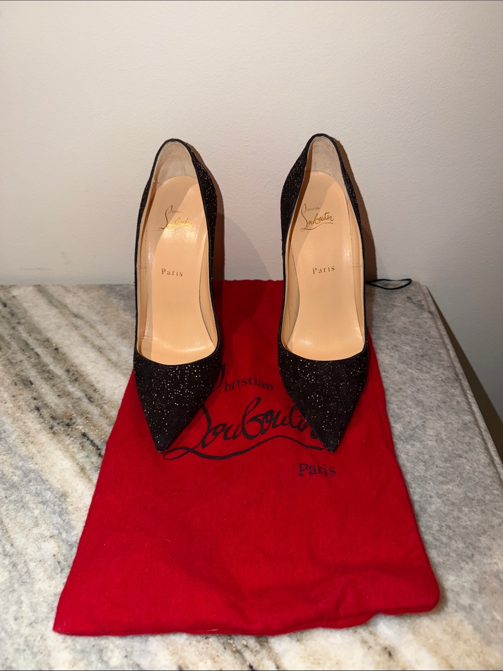 Christian Louboutin Black Glitter Pointed Toe Stiletto Pumps